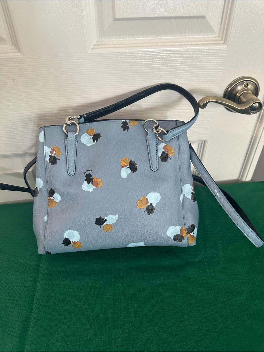 COACH Light Blue Floral Print Leather Satchel with Crossbody Strap - Picture 3 of 4